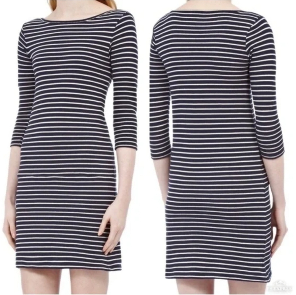 RLR Ralph Lauren MIDI Length white and Blue Stripped Dress
